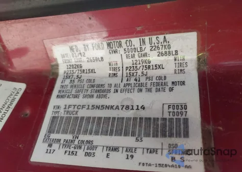 1992 Ford F150 из США, поврежденный, VIN 1FTCF15N5NKA78114